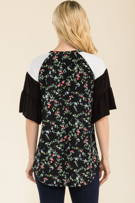 Women's Trendy Tops Floral Contrast Bell Sleeve Top