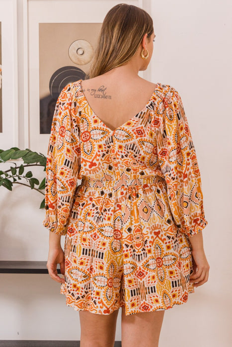 ODDI Printed Ruff Sleeve Romper with Pockets