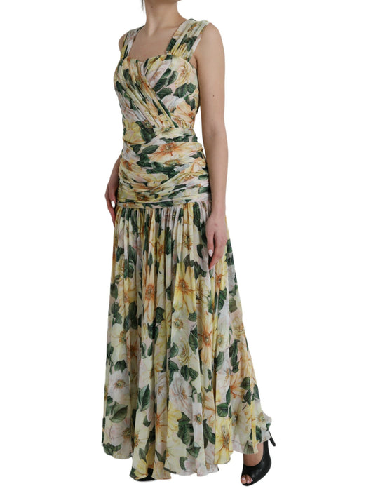 Dolce & Gabbana Yellow Floral Print Silk Pleated Maxi Dress