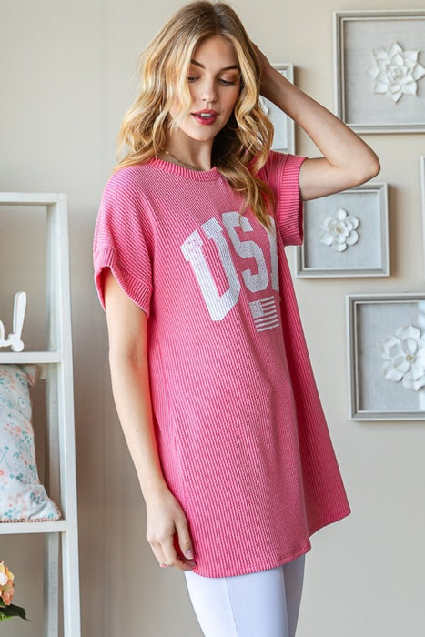 Women's Fashion Tops 2024 USA Graphic Short Sleeve Ribbed Top