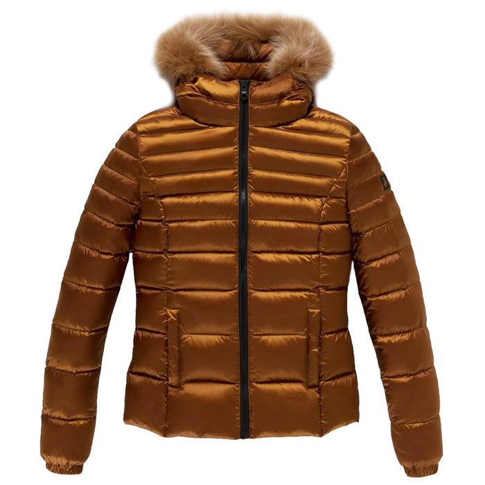 Refrigiwear Orange Nylon Women Jacket with Feather Padding and Fur Hood