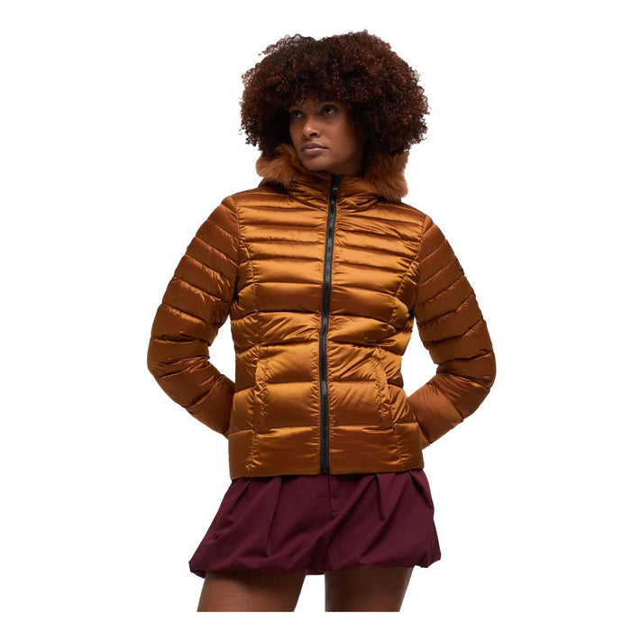 Refrigiwear Orange Nylon Women Jacket with Feather Padding and Fur Hood