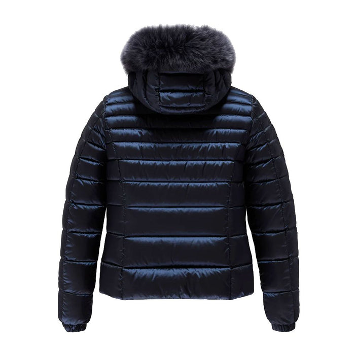 Refrigiwear Blue Nylon Women Jacket with Feather Padding and Fur Hood
