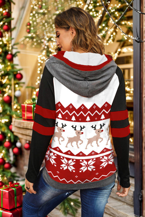 Double Take Christmas Drawstring Long Sleeve Hoodie