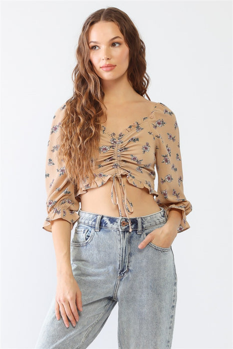 Miss Love / Kevin Co. Floral Ruffle Smocked Back Ruched Crop Top