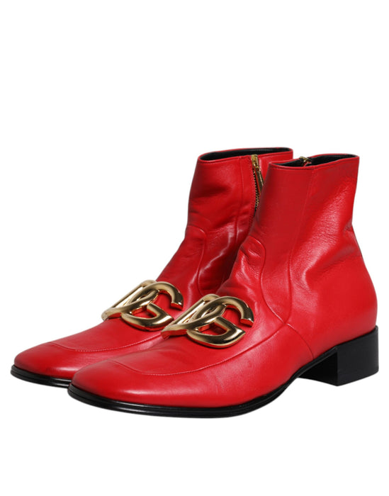 Dolce & Gabbana Red Leather Logo Chelsea Ankle Boots Shoes