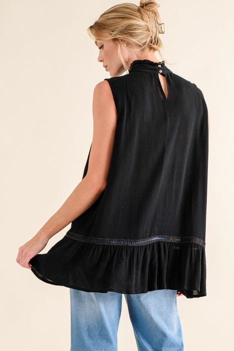 Women's Fashion Tops 2024 Lace Detail Sleeveless Ruffled Top