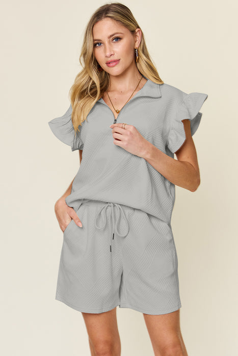 Double Take Texture Flounce Sleeve Top and Drawstring Shorts Set