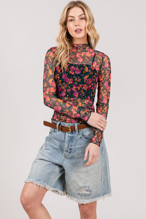 Women's Fashion Tops 2024 Floral Mesh Long Sleeve Top