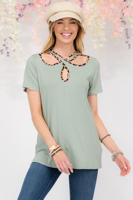 Women's Trendy Tops Crisscross Cutout Leopard Contrast Trim T-Shirt