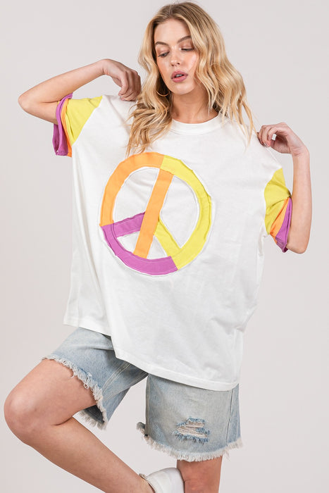 Women's Fashion Tops 2024 Color Block Peace Applique T-Shirt