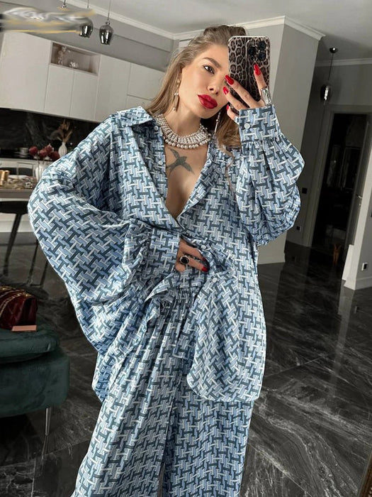 Print 2 Piece Sets Women Outfit Elegant Long Sleeve Shirt With High Waist Wide Pants Set Work Streetwear