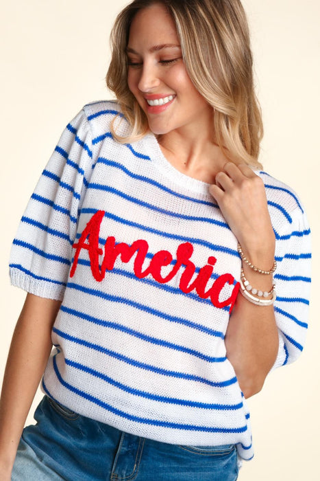 Women's Fashion Tops 2024 Letter Embroidery Striped Knit Top