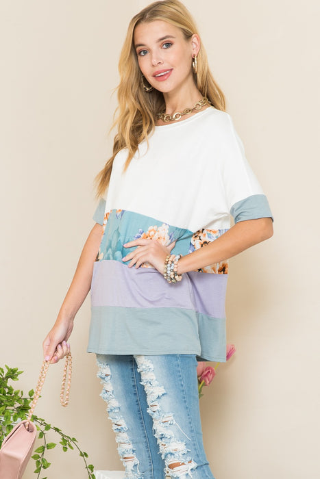 Women's Trendy Tops Contrast Color Block Round Neck T-Shirt