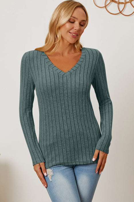 Basic Bae Ribbed V-Neck Long Sleeve T-Shirt