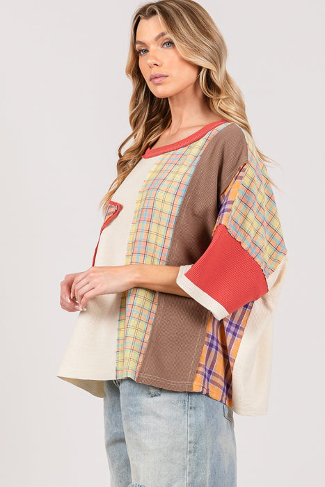 Women's Fashion Tops 2024 Round Neck Plaid Star Patch T-Shirt