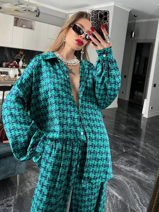 Print 2 Piece Sets Women Outfit Elegant Long Sleeve Shirt With High Waist Wide Pants Set Work Streetwear
