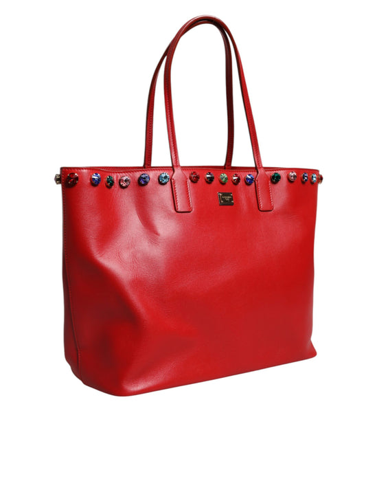 Dolce & Gabbana Red Leather Crystal DG Logo FEFE Shoulder Tote Bag
