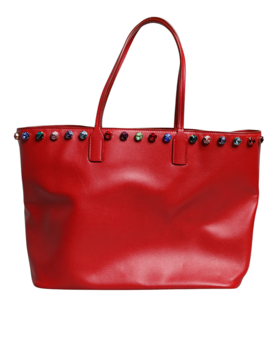 Dolce & Gabbana Red Leather Crystal DG Logo FEFE Shoulder Tote Bag