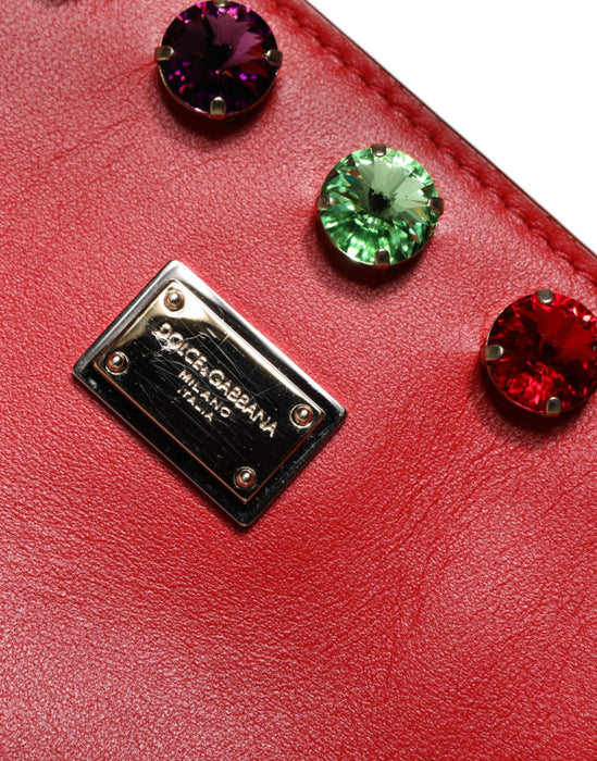 Dolce & Gabbana Red Leather Crystal DG Logo FEFE Shoulder Tote Bag
