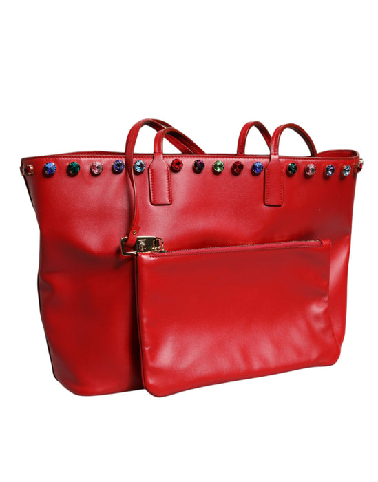 Dolce & Gabbana Red Leather Crystal DG Logo FEFE Shoulder Tote Bag