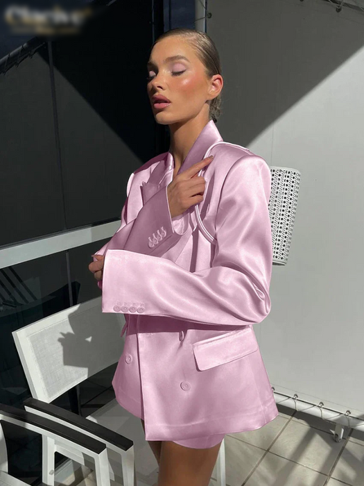 Fashion Loose Pink Satin 2 Piece Sets Women Outfit Elegant Long Sleeve Blazer With Mid Waist Mini Skirts Set 
 Office Work Female