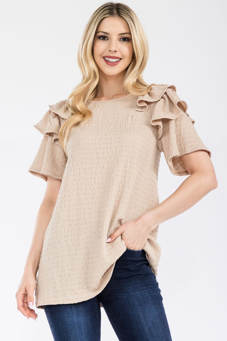Women's Trendy Fashion Tops 2024 Ruffle Layered Short Sleeve Texture Top