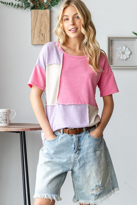 Women's Fashion Tops 2024 Color Block Exposed Seam T-Shirt