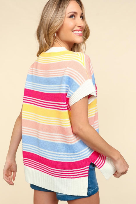 Women's Fashion Tops 2024 Striped Side Slit Short Sleeve Knit Top