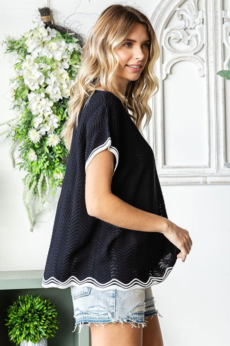 Women's Fashion Tops 2024 Contrast Wavy Crochet Drop Shoulder Knit Top