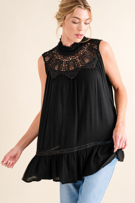 Women's Fashion Tops 2024 Lace Detail Sleeveless Ruffled Top