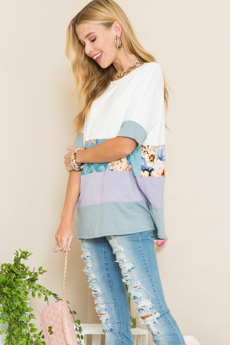 Women's Trendy Tops Contrast Color Block Round Neck T-Shirt