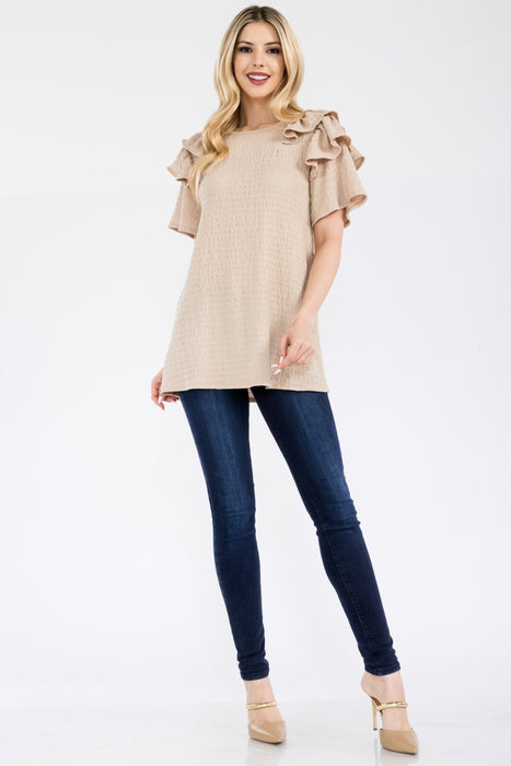 Women's Trendy Fashion Tops 2024 Ruffle Layered Short Sleeve Texture Top