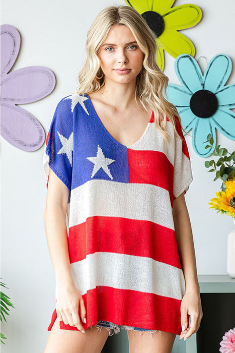Women's Fashion Tops 2024 USA Flag Drop Shoulder Knit Top