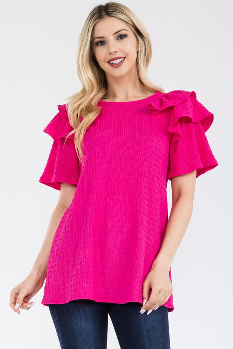 Women's Trendy Fashion Tops 2024 Ruffle Layered Short Sleeve Texture Top