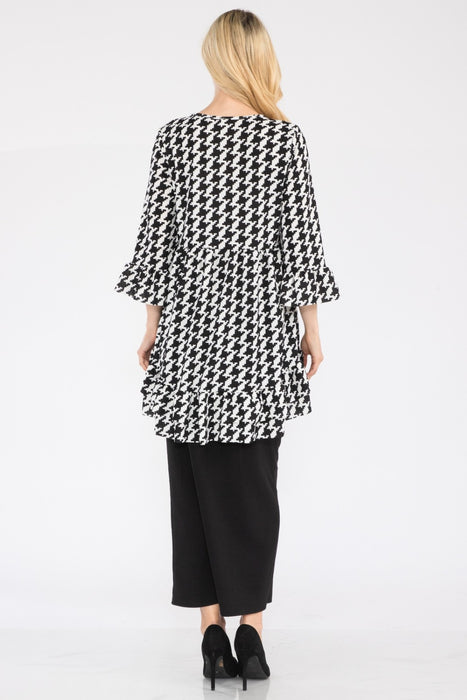 Women's Trendy Tops Houndstooth Flounce Sleeve High-Low Top