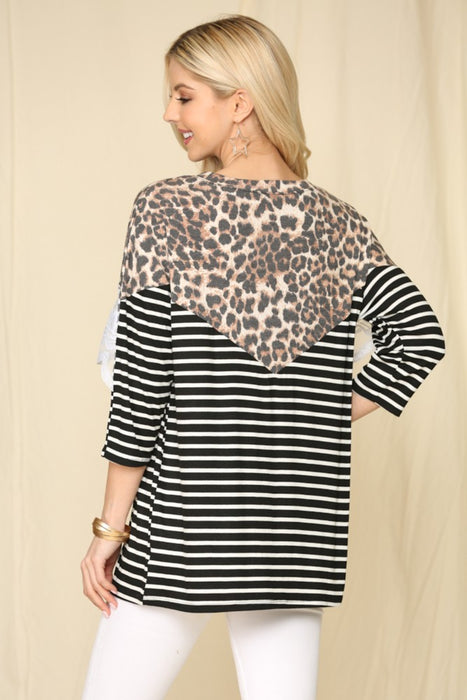 Women's Trendy Fashion Tops 2024 Leopard Spliced Stripe T-Shirt with Lace Detail