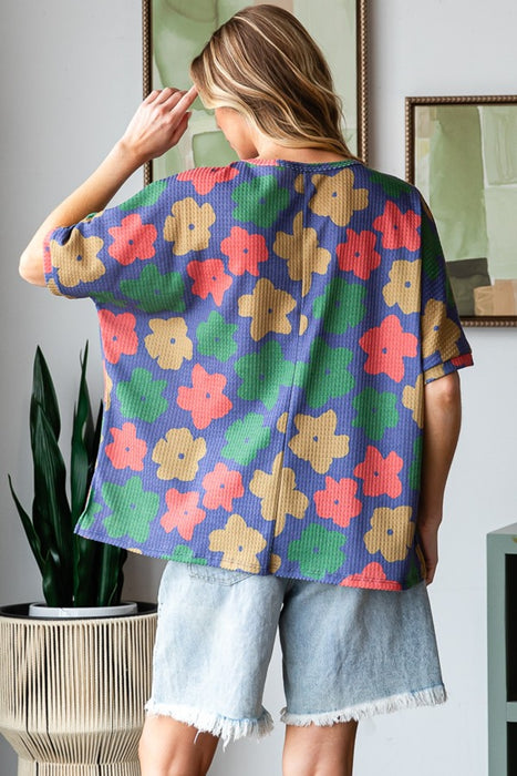 Women's Fashion Tops 2024 Floral Round Neck Side Slit T-Shirt