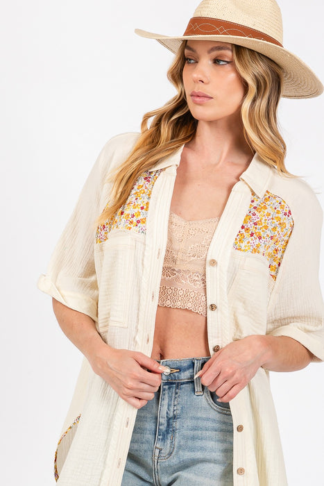 Women's Fashion Tops 2024 Floral Detail Button Up Short Sleeve Shirt