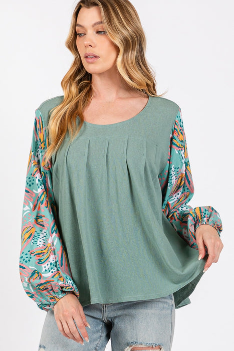 Women's Fashion Tops 2024 Ruched Round Neck Printed Bubble Sleeve Top