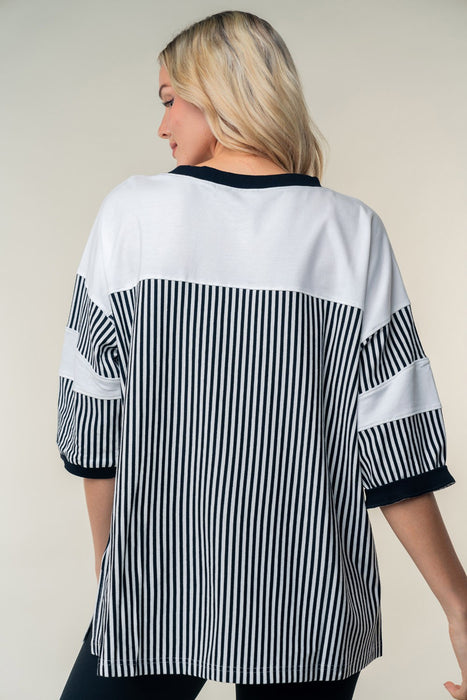 White Birch Striped Contrast Round Neck Top