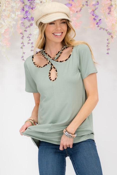 Women's Trendy Tops Crisscross Cutout Leopard Contrast Trim T-Shirt