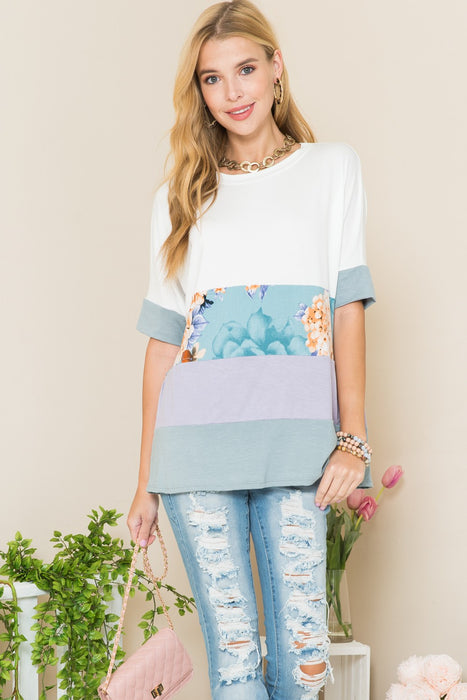 Women's Trendy Tops Contrast Color Block Round Neck T-Shirt