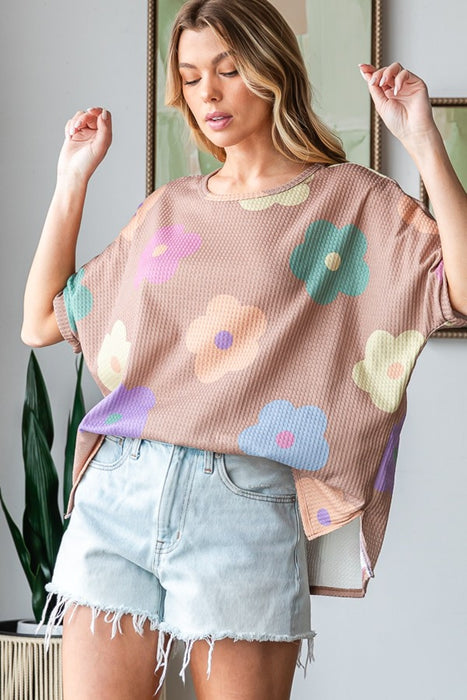 Women's Fashion Tops 2024 Floral Round Neck Side Slit Waffle T-Shirt