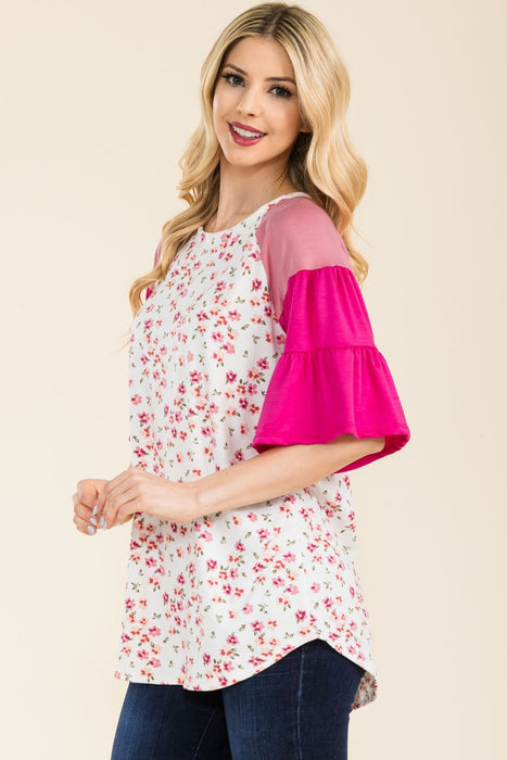 Women's Trendy Tops Floral Contrast Bell Sleeve Top