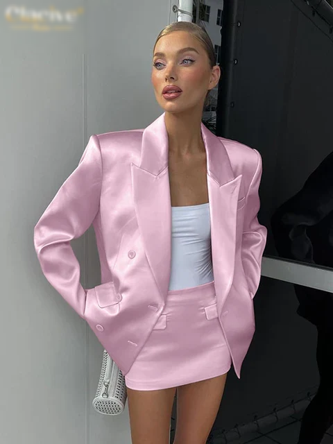 Fashion Loose Pink Satin 2 Piece Sets Women Outfit Elegant Long Sleeve Blazer With Mid Waist Mini Skirts Set 
 Office Work Female