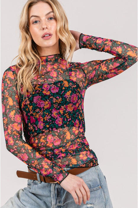 Women's Fashion Tops 2024 Floral Mesh Long Sleeve Top