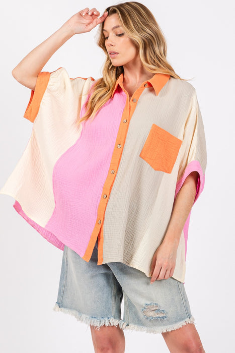 Women's Fashion Tops 2024 Color Block Button-Down Shirt