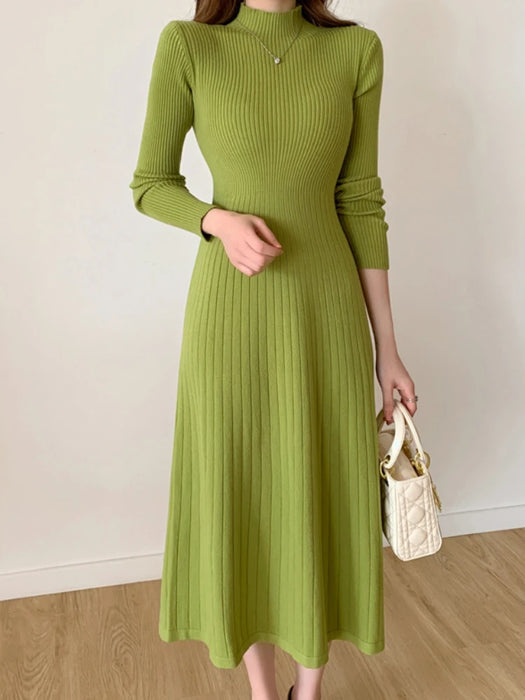 Fall Winter Slim Long Sleeve Party Midi Dress for Women Knitted Half High Collar Elegant Knitted Sweater Dresses