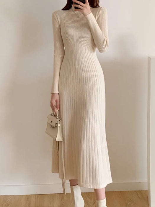 Fall Winter Slim Long Sleeve Party Midi Dress for Women Knitted Half High Collar Elegant Knitted Sweater Dresses